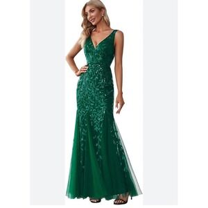 EVER PRETTY Sz 3X Green Sequined Tulle Mermaid Maxi Prom Formal Gown Dress Party